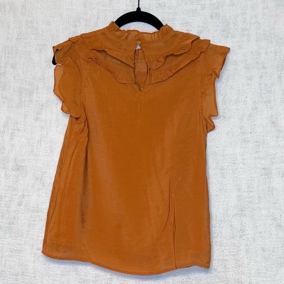 ONTWELTH burnt orange women’s tiered ruffle blouse flutter sleeves lined Sz S - Picture 3 of 6